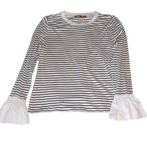 NWOT Size M black white striped long sleeve   ruffled cuffs round neckline tee